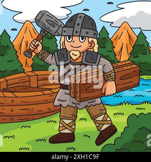 Wikinger mit Holzdielen farbiger Cartoon Stock Vektor