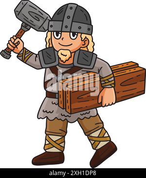 Wikinger mit einem Holzdielen-Cartoon farbiges Clipart Stock Vektor