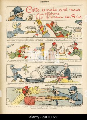 Die Zeichnung „cette année c'EST nous qui offrirons les gâteaux des ROIs“ („dieses Jahr bieten wir den Kuchen des Königs an“) wurde am 6. Januar 1916 in der französischen Satirezeitschrift „La Baionnette“ Nr. 27 veröffentlicht. Sonderausgabe „Les ROIs“ (die Könige). Stockfoto