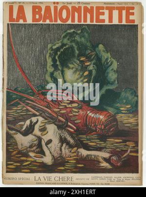 Cover der französischen Satirezeitschrift "La Baionnette" Nr. 31, am 3. Februar 1916. Sonderausgabe "La Vie chère" (Lebenshaltungskosten). Stockfoto