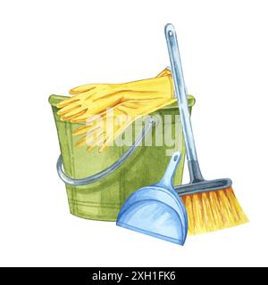 Eimer, Gummihandschuhe, Kehrschaufel und Bürste oder Besen für den Kehrboden. Aquarellabbildung von Haushaltsreinigungsgeräten. Clipart für Hauspflege, Housekeeping, Hausmeister oder Zimmermädchen, Flyer Stockfoto