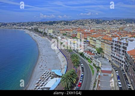 Frankreich, Departement Alpes-Maritimes, Nizza, Panorama der Baie des Anges vom felsigen Hügel des Schlosses von Nizza Stockfoto