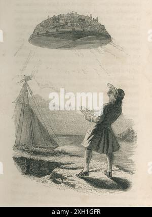 Teil III. Eine Reise nach Laputa. Kapitel I. Gulliver entdeckt die Fluginsel Laputa. Illustration von Jean-Jacques Grandville aus Jonathan Swifts „Gulliver’s Travels“ (Band 2), 1838 in französischer Sprache von Furne et Cie und H. Fournier éditeur veröffentlicht. Stockfoto