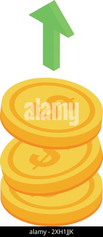 Stapel Goldmünzen mit einem grünen Pfeil nach oben, der steigende Gewinne anzeigt Stock Vektor