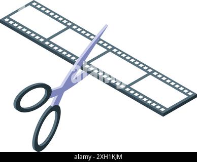 Schere schneidet Filmstreifen, Konzept der Videobearbeitung oder Filmzensur Stock Vektor