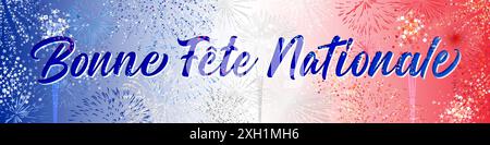 Happy National Day französischer Text, horizontales dekoratives Banner. Web-Schaltfläche. Glänzendes Feuerwerk mit Schneidemaske. Feiertagskulisse. Bearbeitbares Vektordesign Stock Vektor