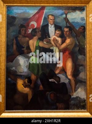 Gemälde aus den 1930er Jahren zur Feier der Gründung der republik Mustafa Kemal Atatürk, Museum für Malerei und Skulptur, das modernistische türkische Gemälde A zeigt Stockfoto