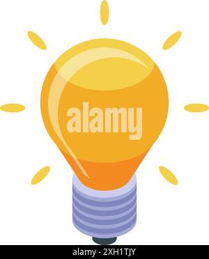 Die gelbe Glühlampe strahlt mit hellen Strahlen aus und repräsentiert neue Ideen, Innovation und Kreativität in einem isometrischen Ikonenstil Stock Vektor