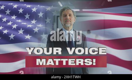 US-Geschäftsmann mit Abzeichen steht und schaut in die Kamera. 3D-Animation der schwenkenden amerikanischen Flagge. Werbung ruft zur Abstimmung bei Präsidentschafts- oder Kongresswahlen in den Vereinigten Staaten von Amerika auf. Stockfoto