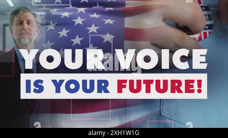 US-Geschäftsmann mit Abzeichen steht und schaut in die Kamera. 3D-Animation der schwenkenden amerikanischen Flagge. Werbung ruft zur Abstimmung bei Präsidentschafts- oder Kongresswahlen in den Vereinigten Staaten von Amerika auf. Stockfoto