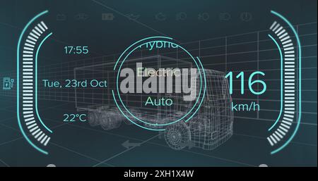 Abbildung des Tachometers und des Leistungspegels über dem Lkw auf schwarzem Hintergrund. Grüne Energie, Elektroautos, Design- und Technologiekonzept digital Gen Stockfoto