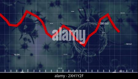 Bild der statistischen Datenverarbeitung über covid-19-Zellen, die vor grauem Hintergrund schweben. COVID-19-Pandemie und Business Data Technology-Konzept Stockfoto