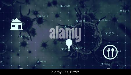 Bild der Datenverarbeitung und digitalen Symbole über covid-19-Zellen, die vor grauem Hintergrund schweben. COVID-19-Pandemie und Business Data Technology Concept Stockfoto