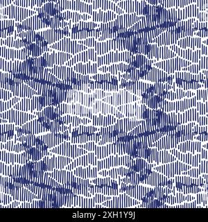 Indigoblau Stickeffekt abstrakter Vektor nahtloser Muster Hintergrund. Modernes maskulines Grafikdesign für den Trend der Handarbeit mit Blockmuster. Stock Vektor