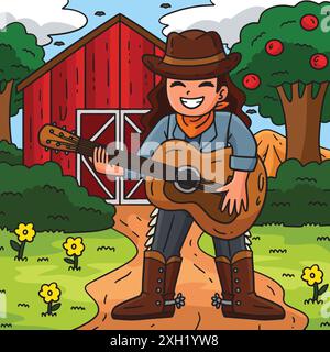Cowgirl Spielt Gitarren-Farbigen Cartoon Stock Vektor