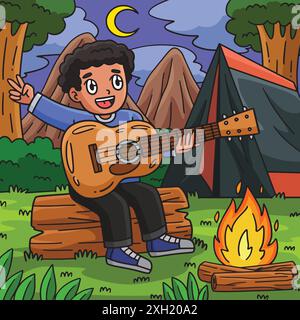 Camping Camper Spielt Gitarren-Farbigen Cartoon Stock Vektor