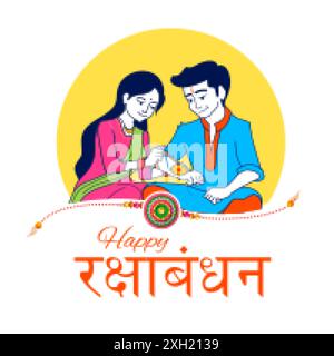 Illustration von Bruder und Schwester, die Rakhi auf indischem Festival mit Hindi-Botschaft fesselten, was glückliches Raksha Bandhan bedeutet Stock Vektor