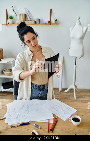 Frau bringt Kleidung in kreativen Arbeitsbereichen auf den neuesten Stand. Stockfoto