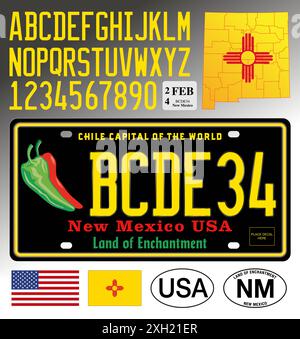 New Mexico Auto Chili schwarz Stil Nummernschild, Buchstaben, Zahlen und Symbole, Vektorillustration, USA, Usa Stock Vektor