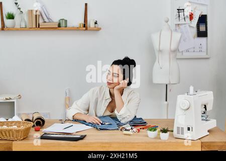 Eine junge Frau bringt Kleidung mit einer Nähmaschine auf einen gemütlichen Tisch. Stockfoto