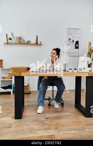 Die junge Frau bringt Kleidung für umweltfreundliche Mode auf den Markt. Stockfoto