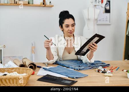 Kreative Frau bringt Kleidung mit einer Palette für Öko-Fashion-Projekte auf den neuesten Stand. Stockfoto