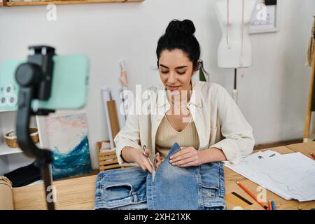 Eine junge Frau bringt ihre Jeans an einem Tisch hoch. Stockfoto