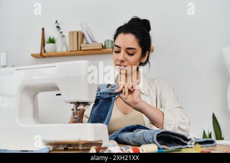 Eine Frau bringt ihre Kleidung mit einer Nähmaschine an einem Tisch hoch. Stockfoto