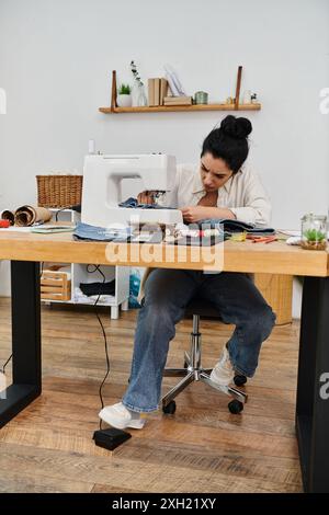 Eine junge Frau bringt Kleidung mit einer Nähmaschine an einem Tisch hoch. Stockfoto