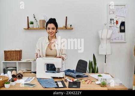 Eine junge Frau in lässiger Kleidung fährt mit einer Nähmaschine Kleidung hoch. Stockfoto