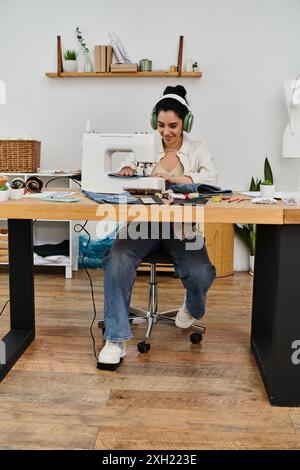 Eine Frau bringt Kleidung mit einer Nähmaschine hoch. Stockfoto