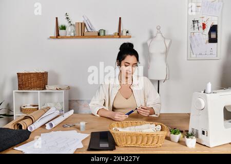 Eine Frau in lässiger Kleidung bringt Kleidung an einer Nähmaschine hoch. Stockfoto