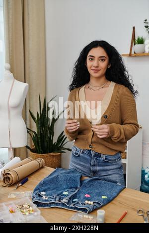 Die junge Frau bringt Kleidung hoch, steht an einem Tisch neben der Schaufensterpuppe. Stockfoto