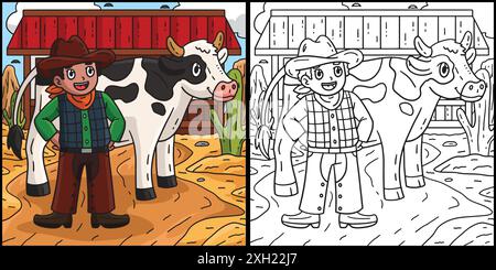 Cowboy und Kuh Coloring Page farbige Illustration Stock Vektor