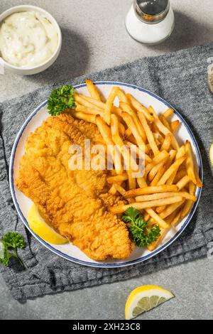 Hausgemachter frittierter Wels mit Pommes frites und Petersilie Stockfoto