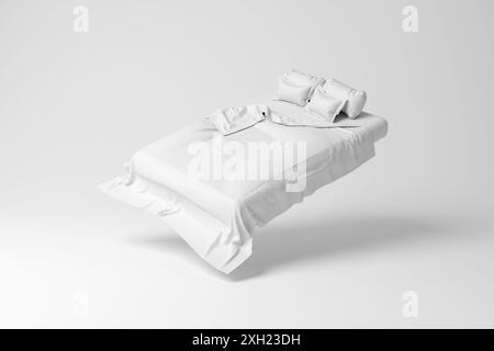 Weißes Doppelbett, das in der Luft schwebt, auf weißem Hintergrund in Monochrom und Minimalismus. Illustration des Konzepts von Schlaf, Schlafzimmern und Möbeln Stockfoto