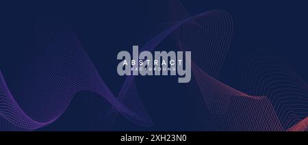 Abstrakter dunkelblauer, violetter geometrischer digitaler Zukunftstechnologie fließender Hintergrund. Gelb-grün-marineblauer Verlauf Wellenlinien Textur Webbanner Stock Vektor