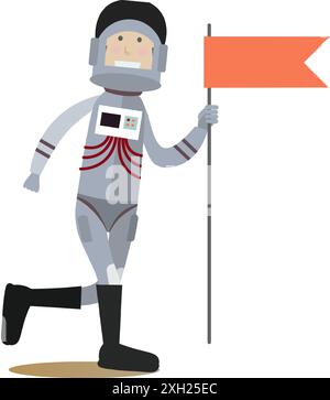 Astronaut mit flacher Vektor-Illustration der roten Flagge Stock Vektor