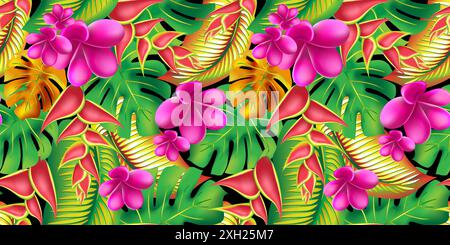 Palmenmonstera Blätter mit Hibiskus und rosa Plumeria Blumen abstrakten Hintergrund. Trendiges exotisches Blumenmuster für den Sommer. Stock Vektor
