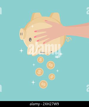 Weibliche Hände, die Münzen aus einer goldenen Schweinebank ausgießen. Vektorabbildung in abgewickelter Form Stock Vektor