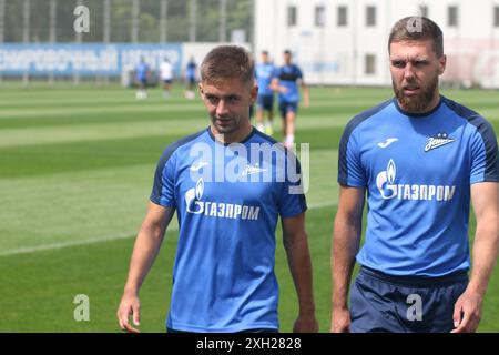 Sankt Petersburg, Russland. Juli 2024. Juri Gorschkow, vom Fußballverein Zenit, der während eines offenen Trainings in der Trainingsbasis Zenit FC in Sankt Petersburg vor dem Fußballspiel Zenit Sankt Petersburg – Krasnodar, Olimpbet Russischer Fußball-Supercup 2024, das in Wolgograd ausgetragen wird, zu sehen war. Quelle: SOPA Images Limited/Alamy Live News Stockfoto