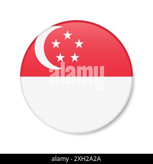 Symbol für die kreisförmige Taste Singapur. Singapurische Rundflagge mit Schatten. Realistische 3D-Illustration isoliert auf weiß. Stockfoto