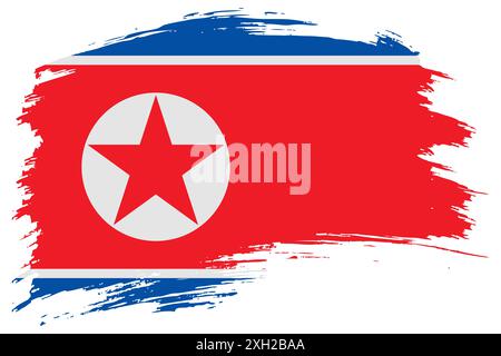 Nordkorea Pinselstrich Flaggenhintergrund. Handgezeichneter Grunge-Stil Juche malte isoliertes Banner. Stockfoto