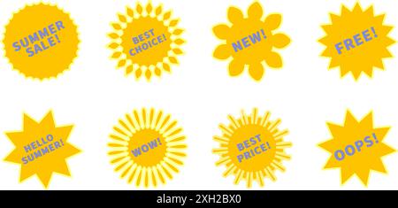 Promo-Set mit gelben Aufklebern. Vektor-Sammlung von flachen Starburst mit Promotion Text Oops, kostenlos, Sommerverkauf, wow, bester Preis, Auswahl, neu. Retro 70s oder Stock Vektor