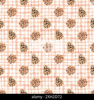 Nahtloses Weihnachtsmuster mit Tannenzapfen auf beigefarbenem Hintergrund. Aquarell handgezeichnet endlose Urlaubshintergrund. Beigefarbenes Karomuster Stockfoto