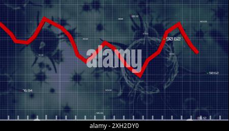 Bild der statistischen Datenverarbeitung über covid-19-Zellen, die vor grauem Hintergrund schweben. COVID-19-Pandemie und Business Data Technology-Konzept Stockfoto