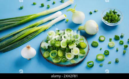 Gemüse, Frühlingszwiebel oder Lauchzwiebel, auch Winterzwiebel, Allium fistulosum Stockfoto