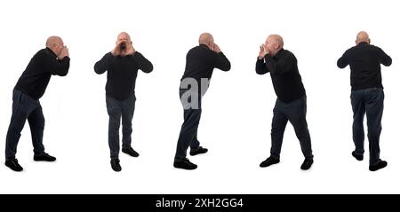 Verschiedene Posen desselben Mannes sehen einen stehenden Mann, der auf weißem Hintergrund schreiend ist Stockfoto