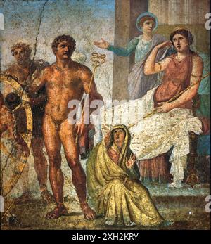 Bestrafung von Ixion: In der Mitte ist Mercury, der den Caduceus hält, und rechts sitzt Juno auf ihrem Thron. Hinter ihr steht Iris und Gesten. Links steht Vulcan (blonde Figur) hinter dem Rad, bemannt es, mit Ixion bereits daran gebunden. Nephele sitzt zu Füßen des Mercury; ein römisches Fresko von der östlichen Wand des Trikliniums im Haus der Vettii, Pompeji, Vierter Stil (60–79 n. Chr.). Stockfoto