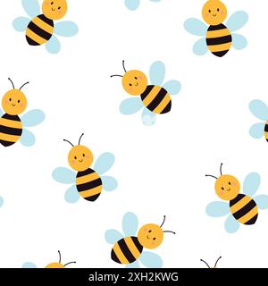 Niedliches nahtloses Bienenmuster. Kindliche Textur auf weißem Hintergrund. Vektorabbildung. Stock Vektor